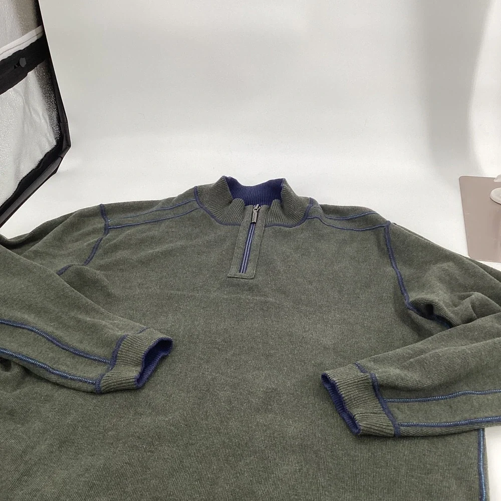 Tommy Bahama Reversible Quarter Zip Sweater Men XL Navy Blue Olive 100% Cotton